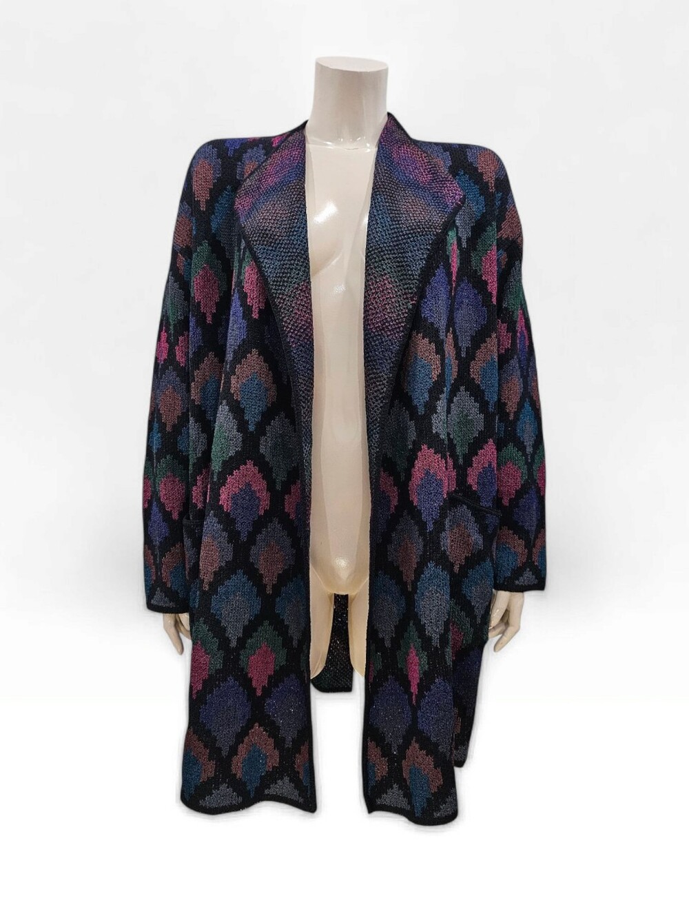 FRENCH RAGS Vtg Diamond Multi Color Open Rayon Knit Duster Cardigan L/XL